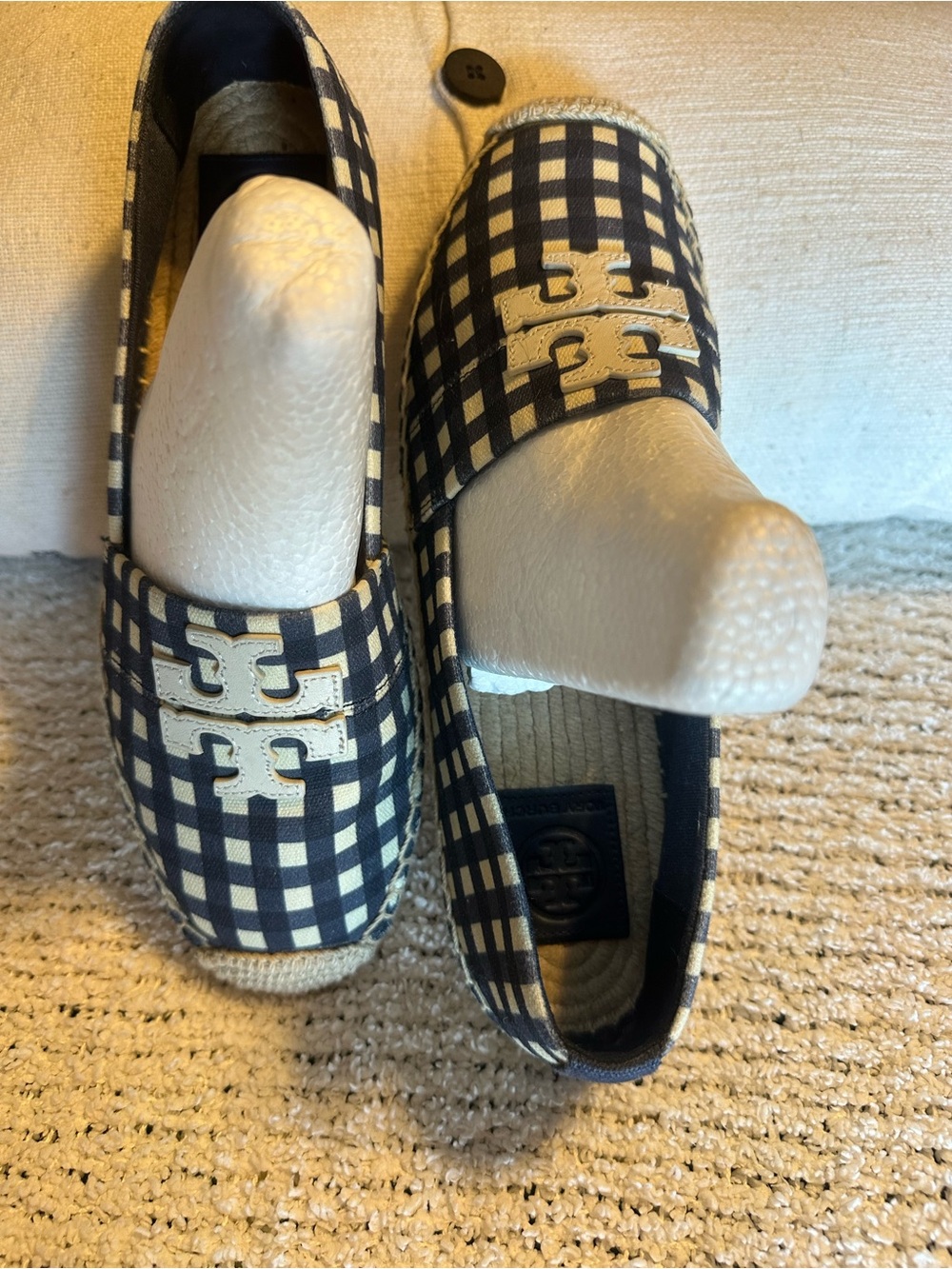 Tory Burch Navy and White Gingham Logo Espadrille Flats